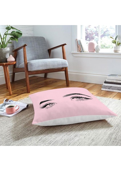 Pembe Zeminde Kirpik Motifli Özel Tasarım Yer Minderi