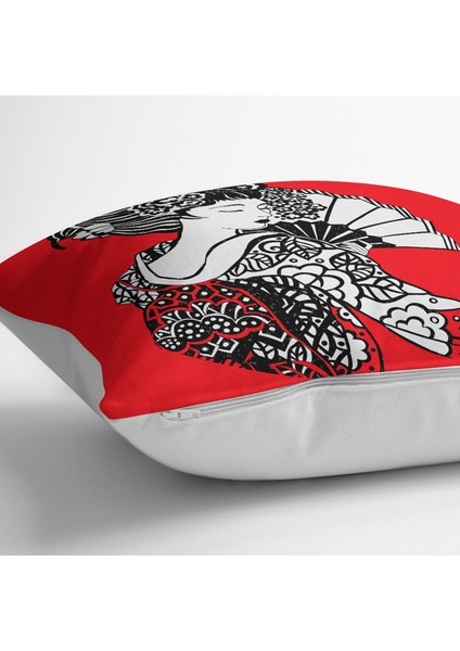 Kırmızı Zeminde Gri Japon Kız Motifli Yer Minderi modelleri
