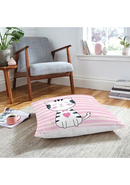 So Sweet Pembe Çizgili Sevimli Kedi Modern Hayvan Yer Minderi