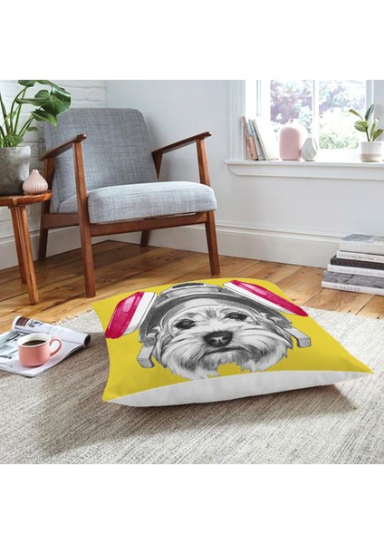 Kulaklıklı Köpek Motifli Dijital Baskılı Modern Hayvan Yer Minderi