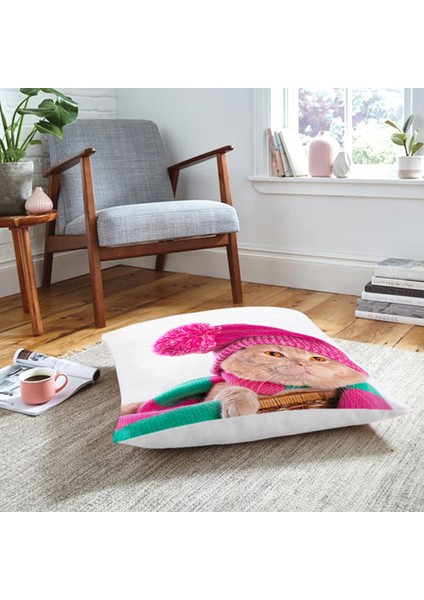 Pembe Şapkalı Kedi Dijital Baskılı Modern Hayvan Yer Minderi