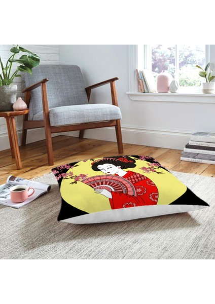 Çiçek Desenli Yelpazeli Japon Kız Motifli Modern Yer Minderi