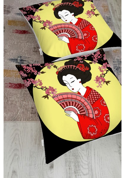 Çiçek Desenli Yelpazeli Japon Kız Motifli Modern Yer Minderi fiyatları