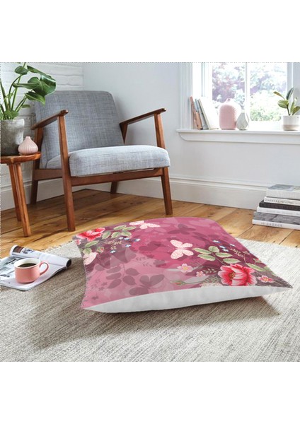 Pembe Zeminde Kelebek Desenli Dijital Baskılı Modern Yer Minderi
