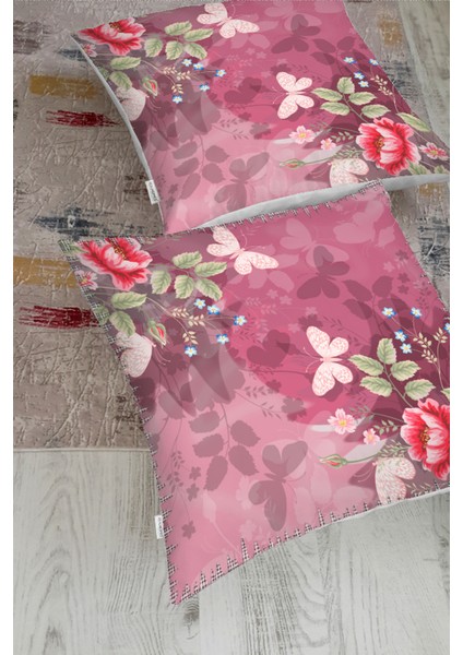 Pembe Zeminde Kelebek Desenli Dijital Baskılı Modern Yer Minderi fiyatları