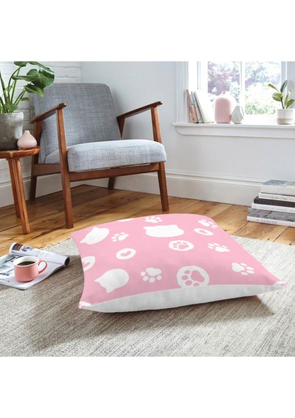 Pembe Zeminli Kedi Suretli Modern Hayvan Yer Minderi
