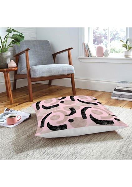Pembe Zeminde Soyut Geometrik Çizim Motifli Yer Minderi