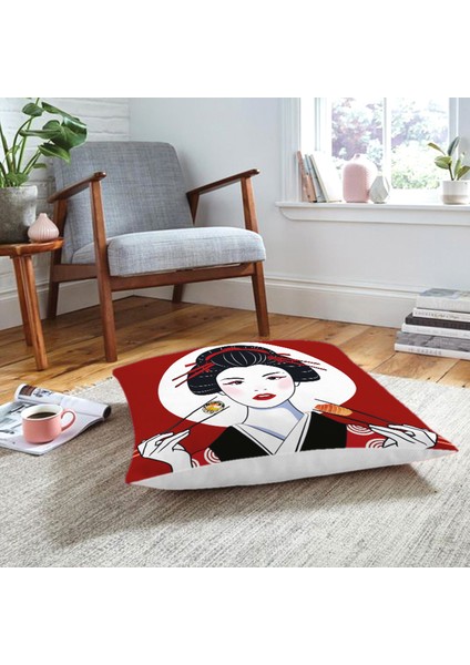 Suşi Yiyen Japon Kız Motifli Modern Yer Minderi