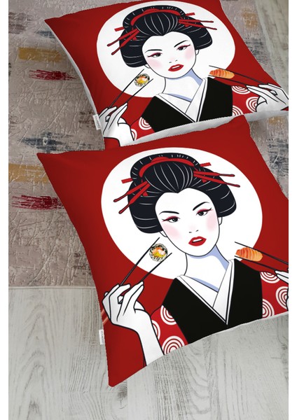 Suşi Yiyen Japon Kız Motifli Modern Yer Minderi fiyatları