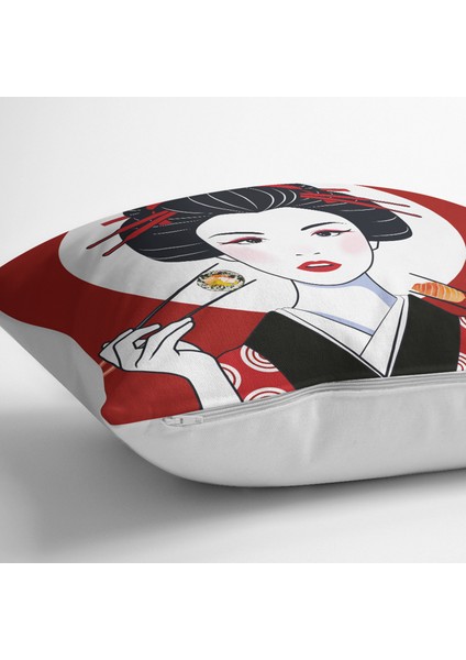 Suşi Yiyen Japon Kız Motifli Modern Yer Minderi modelleri