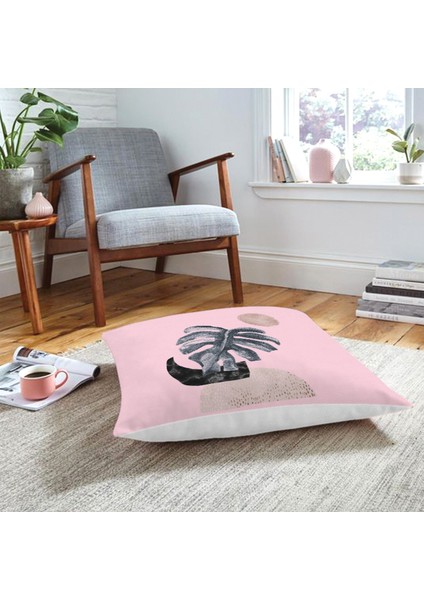 Pembe Zeminde Tropik Yaprak Desen Baskılı Özel Tasarım Yer Minderi