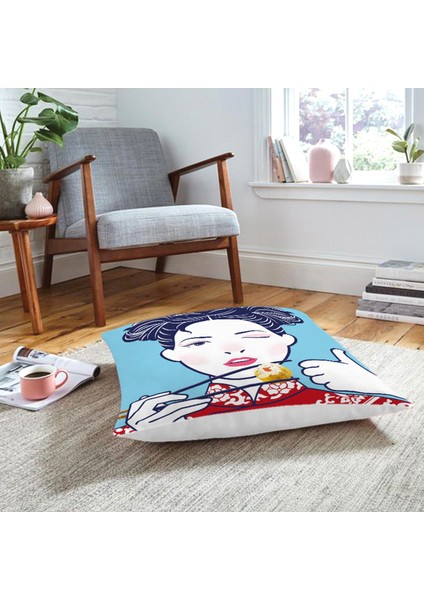 Suşi Yiyen Japon Kız Desenli Modern Yer Minderi