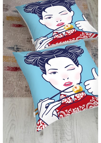 Suşi Yiyen Japon Kız Desenli Modern Yer Minderi fiyatları