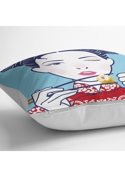 Suşi Yiyen Japon Kız Desenli Modern Yer Minderi modelleri