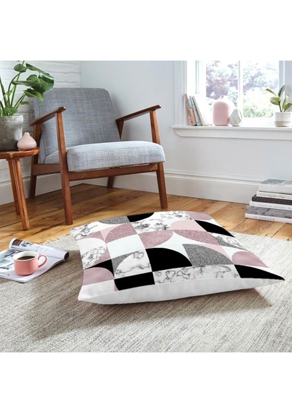 Geometrik Şekiller Içerisinde Fuşya Mermer Desenli Modern Yer Minderi
