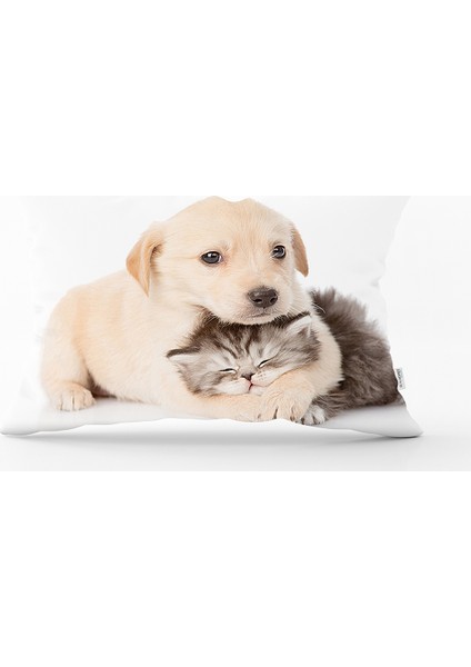 Köpek ve Kedili Dijital Baskılı Modern Dikdörtgen Yastık Kılıfı