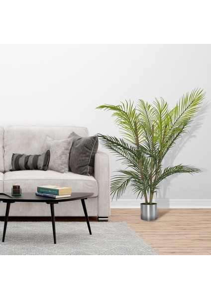 Yapay Çiçek Areka Ağacı Palmiye Ağacı Bambu Saplı Gümüş Saksılı Salon Çiçeği 18 Yaprak 85 cm