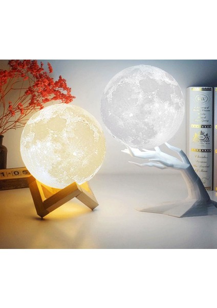 USB Li 3D Ay Lamba Dokunmatik 5 Renk Değiştirir Stand ve Moon Lamp 15 cm