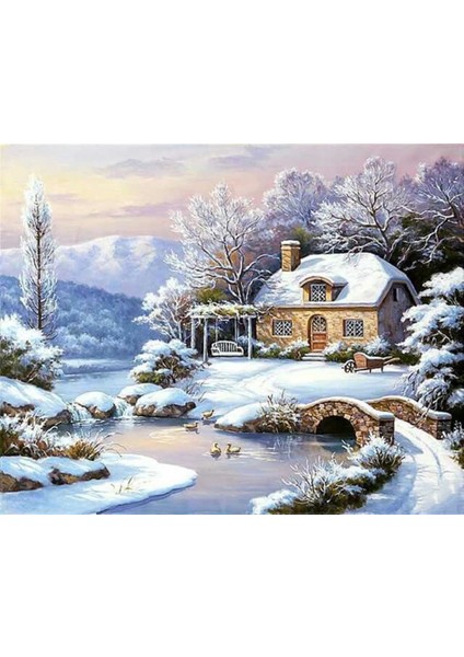 Karlı Ev Elmas Mozaik Tablo 64 x 51 cm