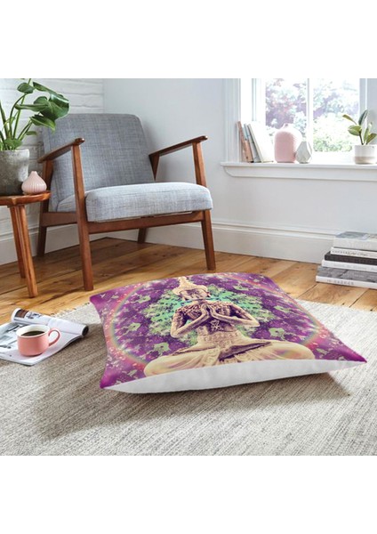 Beyaz Zeminde Renkli Uzak Doğu Denge Ikonlu Dijital Baskılı Yer Minderi