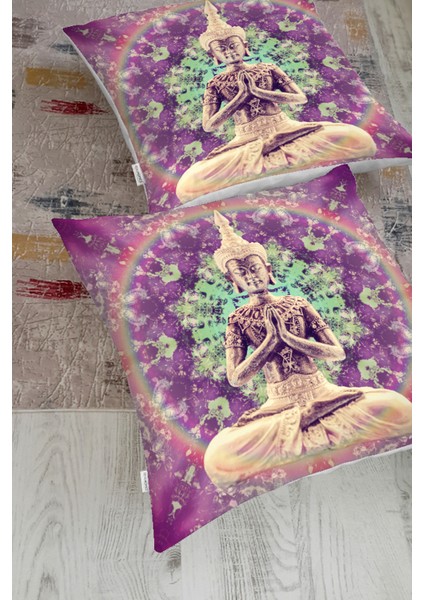 Beyaz Zeminde Renkli Uzak Doğu Denge Ikonlu Dijital Baskılı Yer Minderi fiyatları