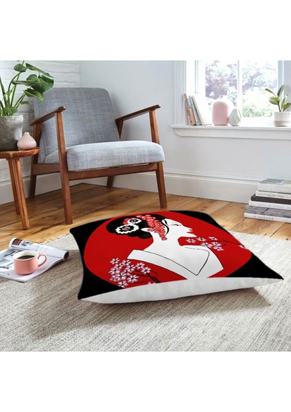 ve Kırmızı Zeminli Japon Kız Modern Yer Minderi