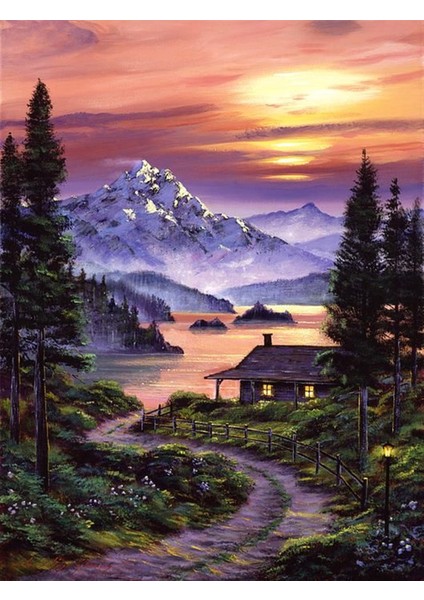 Marcel Sanat Karlı Dağ ve Günbatımı Manzarası Elmas Mozaik Tablo 40 x 55 cm
