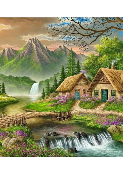 Dere Kenarında Köy Evi Tablo su 61 x 69 cm