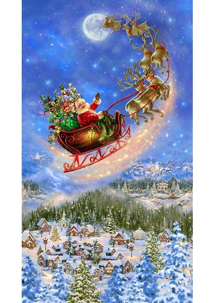 Noel Baba ve Uçan Ren Geyikleri Elmas Mozaik Tablo 33 x 61 cm