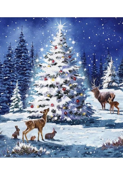 Karlı Ormanda Yılbaşı Ağacı ve Geyikler Elmas Mozaik Tablo 48 x 53 cm