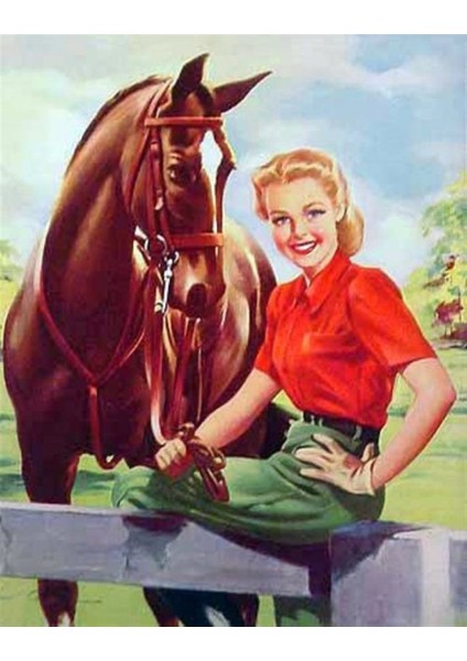 Retro-Vintage Amerikan Tarzı Çiftlik ve At Tablo su Elmas Mozaik 46 x 58 cm