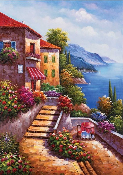 Deniz Manzaralı Evler Elmas Mozaik Tablo 35 x 50 cm