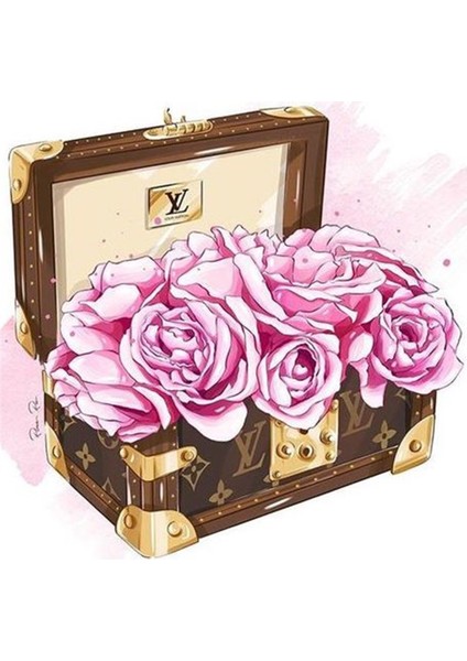 Louis Vuitton Sandık ve Çiçekler Elmas Mozaik Tablo 53 x 56 cm