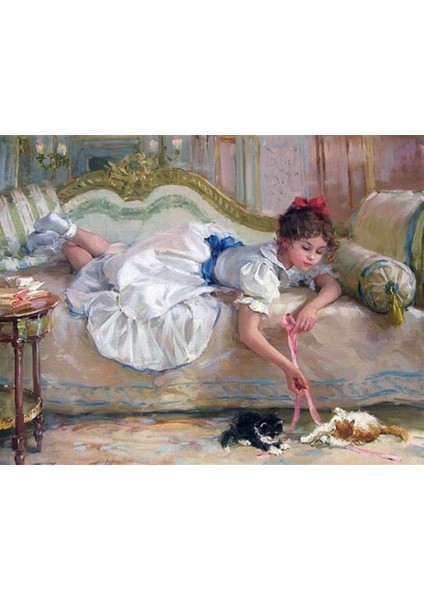 Marcel Klasik Kedilerini Oynatan Minik Kız Elmas Mozaik Tablo 71 x 56 cm
