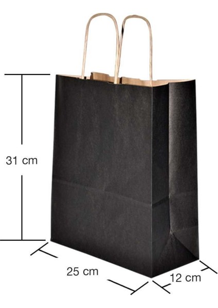 Burgu Saplı Siyah Kağıt Çanta 25X12X31 cm - 25'li