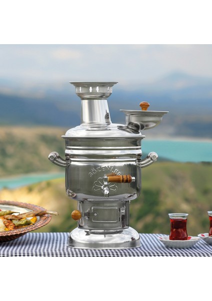 4 Litre Krom Kömürlü Semaver Porselen Kulp KS11 P-Dicle