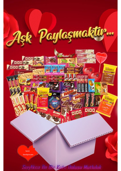 Aşk Paylaşmaktır 66 Parça Ekstra Boy Atıştırmalık Paketi. Soyakca Seni Seviyorum Yazılı Şeker