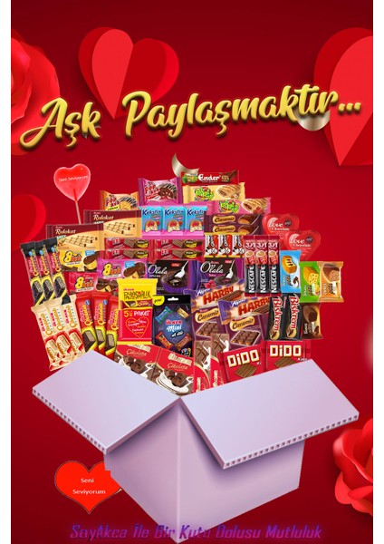 Aşk Paylaşmaktır 58 Parça Orta Boy Atıştırmalık Paketi. Soyakca Seni Seviyorum Yazılı Şeker