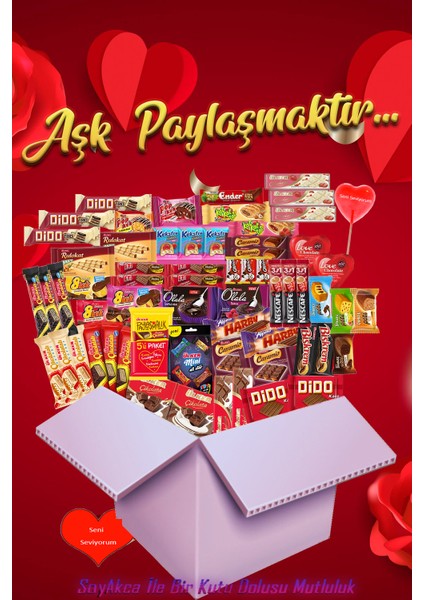 Aşk Paylaşmaktır 64 Parça Büyük Boy Atıştırmalık Paketi. Soyakca Seni Seviyorum Yazılı Şeker