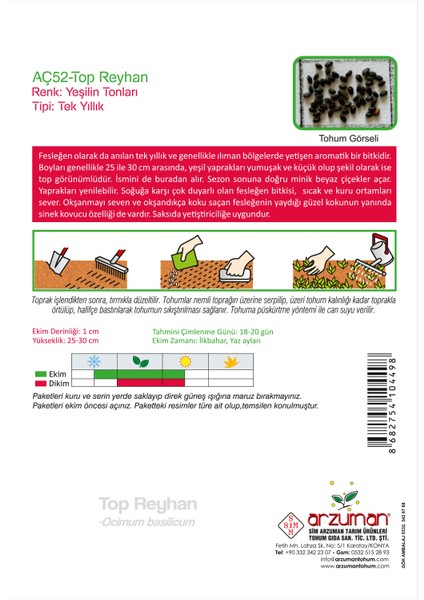 Top Fesleğen - Top Reyhan (Ocimum Basilicum) Çiçek Tohumu 100 Adet