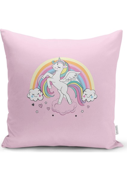Real Homes Pembe Zeminde Unicorn At ve Kalpler Tasarımlı Çocuk Odası Yastık Kırlent Kılıfı