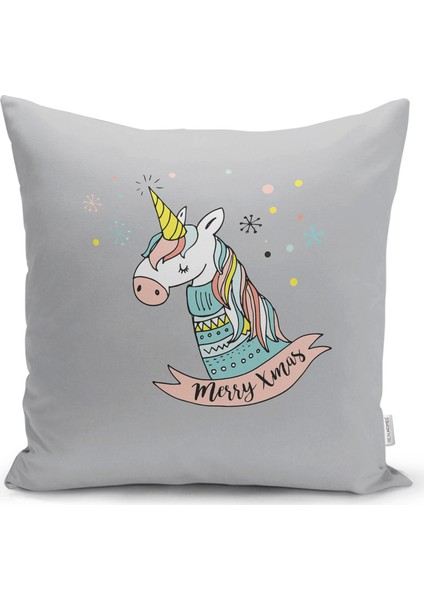 Real Homes Gri Zeminde Unicorn Motifli Bebek Odası Yastık Kırlent Kılıfı