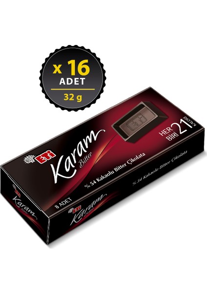 Karam Mini Kakaolu Bitter Çikolata 32 g x 16 Adet