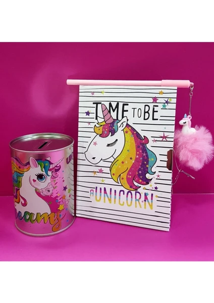 Unicorn Kilitli Hatıra ve Günlük Defteri + Unicorn Peluş Kalem + Kumbara