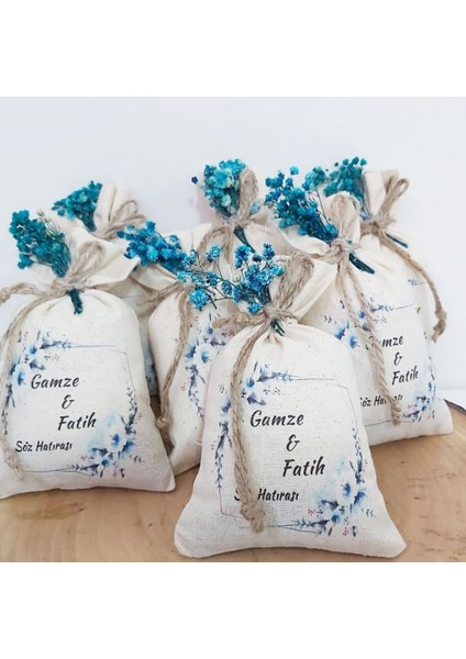 30 Adet Kişiye Özel Tasarım Isimli Kese Mavi Konsepet Kuru Çiçekli Söz Hediyesi, Nişan Hediyesi Nikah Şekeri