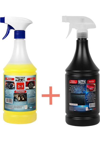 Yağ Sök. Döşeme Jant Motor (Konsantre) 1/5 Temizleme Sıvısı 1 Lt & Yağmur Su Kaydırıcı, hızlı Cila 1 Lt