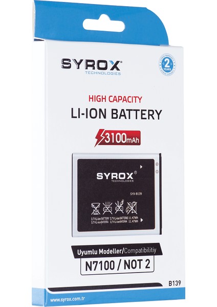 B139 N7100 Samsung Galaxy Note 2  3100 Mah Li-Ion Batarya