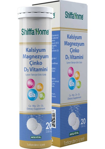 Kalsiyum, Magnezyum, Çinko, D3 Vitamini 20 Tablet