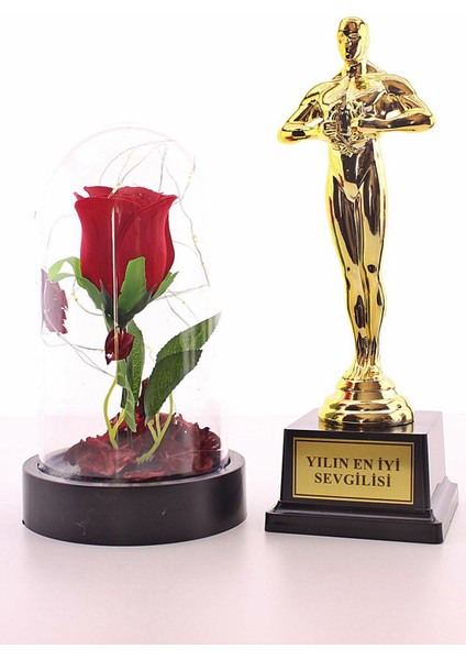 Yılın En Iyi Sevgilisi Oscar Ödülü ve LED Işıklı Fanus Gül Seti