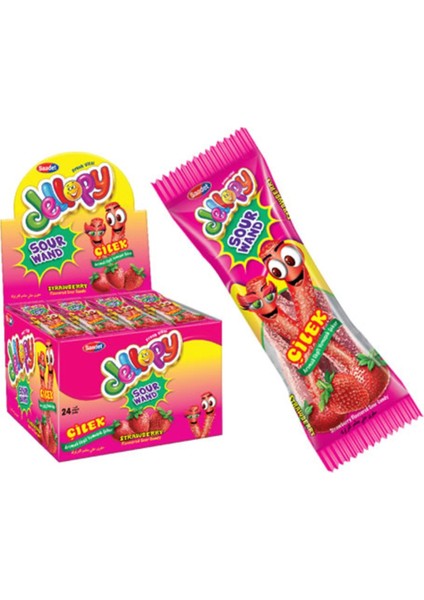 Jellopy Sour Wand Çilek Aromalı Ekşili Yumuşak Şeker 20 gr x 24'lü